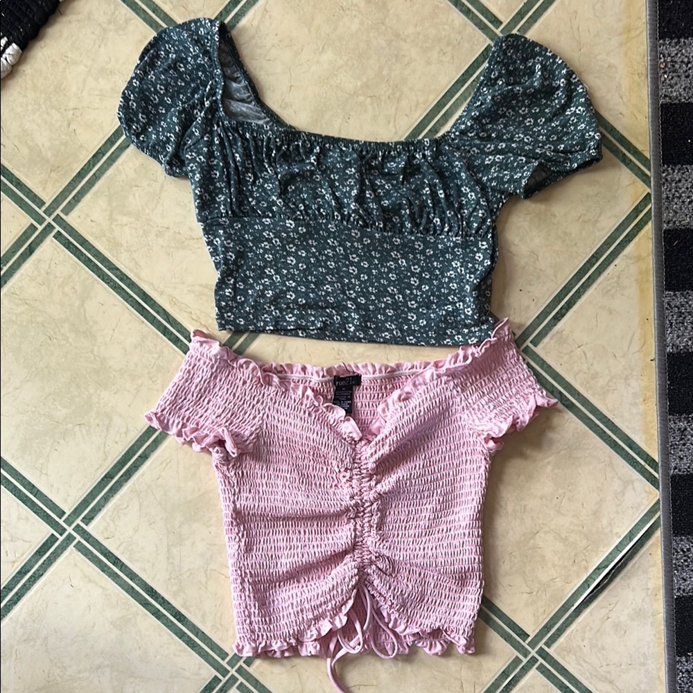 Rue21 Peasant off the shoulder Pink Ruched Top and Blue Floral top